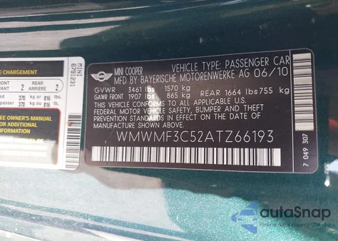 2010 Mini Cooper from USA, damaged, VIN WMWMF3C52ATZ66193